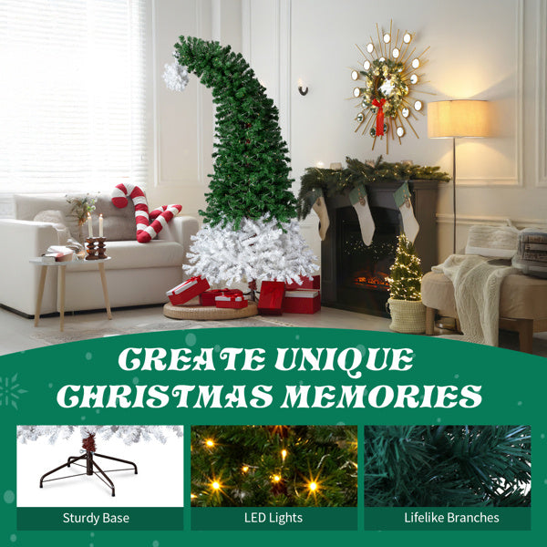 6 FT Santa Hat Style Pre-lit Christmas Tree, Hinged Artificial Xmas Tree Pine Tree With 250 Warm White Lights, 839 Branch Tips For Holiday Party Store Office Home, Green & White