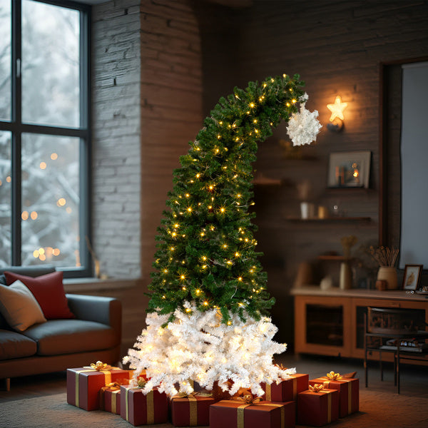 6 FT Santa Hat Style Pre-lit Christmas Tree, Hinged Artificial Xmas Tree Pine Tree With 250 Warm White Lights, 839 Branch Tips For Holiday Party Store Office Home, Green & White